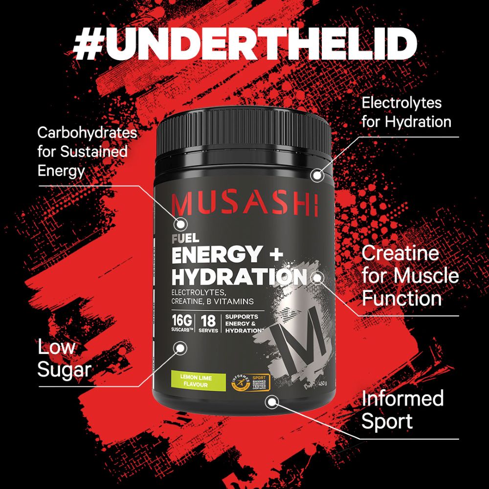 Musashi Energy + Hydration Powder Under the Lid
