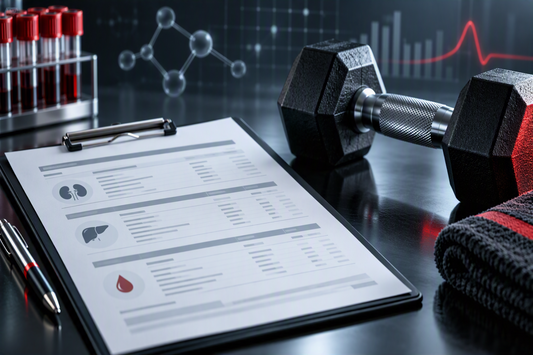 Blood-test report beside gym equipment for an article explaining creatine, creatinine and creatine kinase