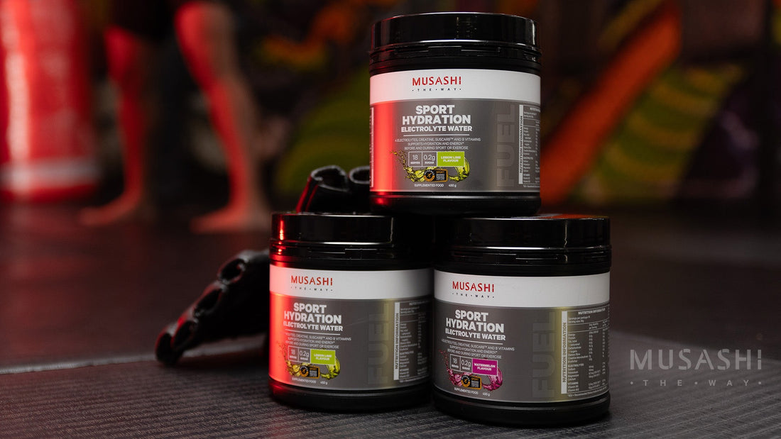 3 Tubs of Musashi Sport Hydration Powders stacked