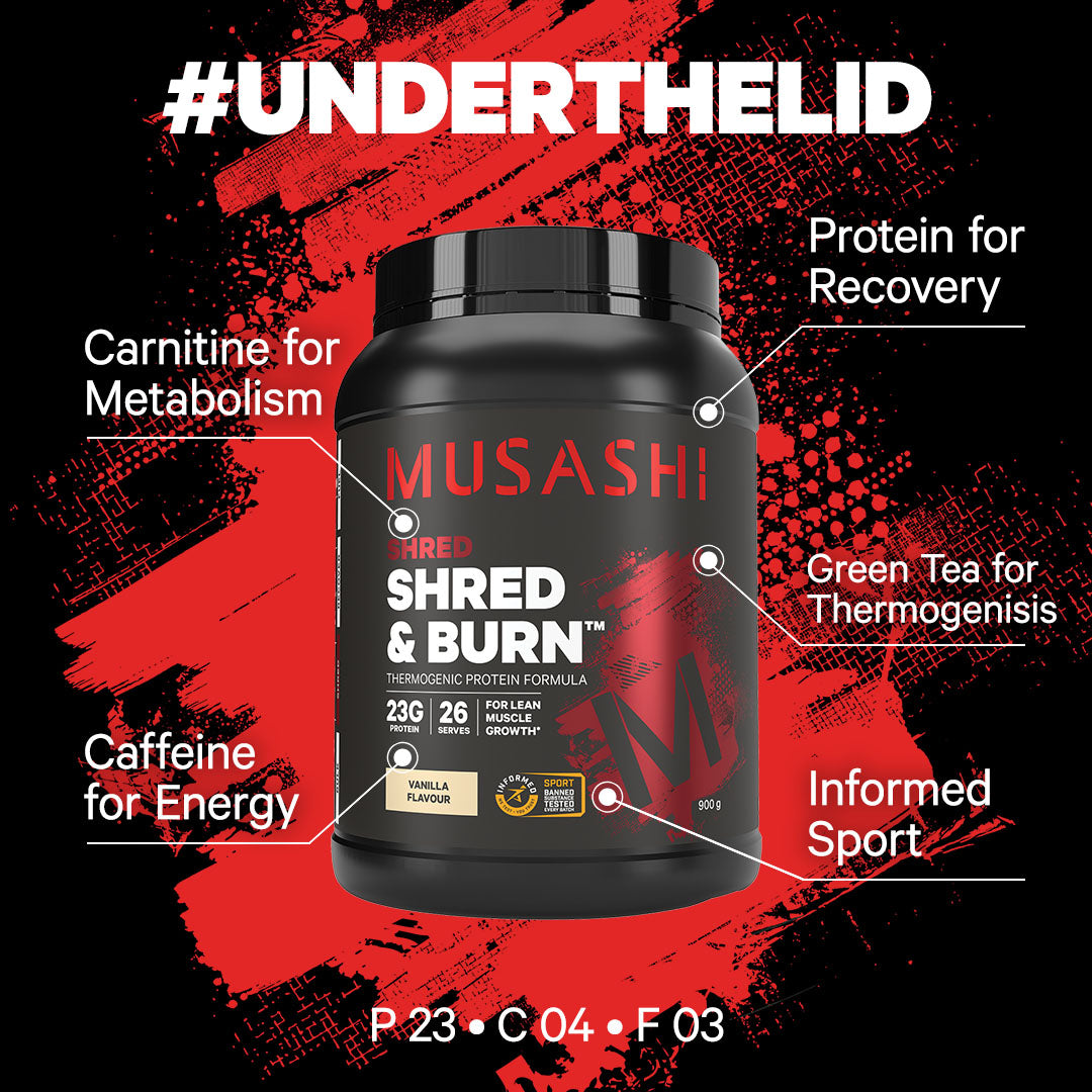 Musashi Shred & Burn Protein Powder - Under the lid